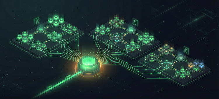 Isometric diagram showing a single Gateway node routing traffic to multiple Kubernetes services across namespaces