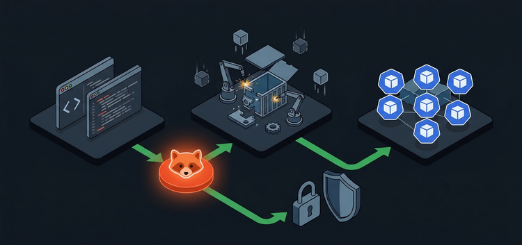 Isometric diagram of a GitLab CI/CD pipeline flowing from code commit through build pods to container registry and Kubernetes deployment