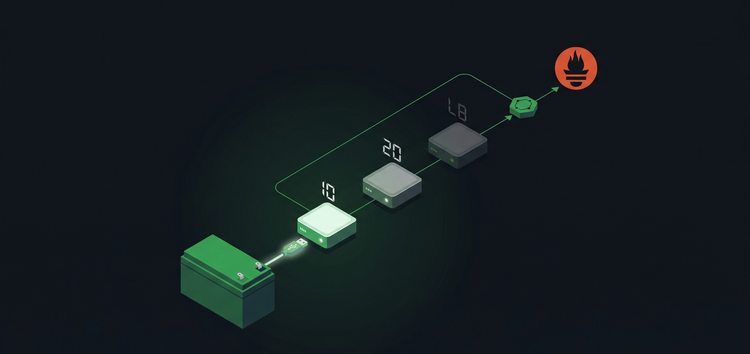 Isometric diagram of a UPS connected via USB to a server node, with green monitoring lines flowing through NUT to Prometheus and three nodes shutting down in sequence
