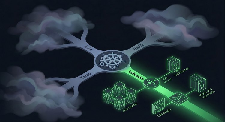 Four paths diverging from a Kubernetes wheel, with the kubeadm path illuminated and leading to visible infrastructure components