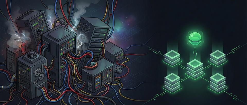 A tangled mess of load balancer infrastructure dissolving into a single clean static pod manifest glowing green