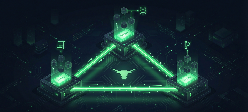 Isometric diagram showing three server nodes with NVMe drives connected by replication lines forming a distributed storage pool
