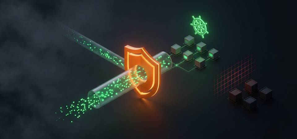 Isometric diagram of a Cloudflare Tunnel connecting through an encrypted path to a Kubernetes cluster with network policy shields around internal services