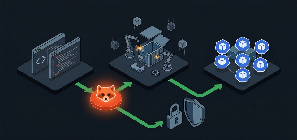 Isometric diagram of a GitLab CI/CD pipeline flowing from code commit through build pods to container registry and Kubernetes deployment