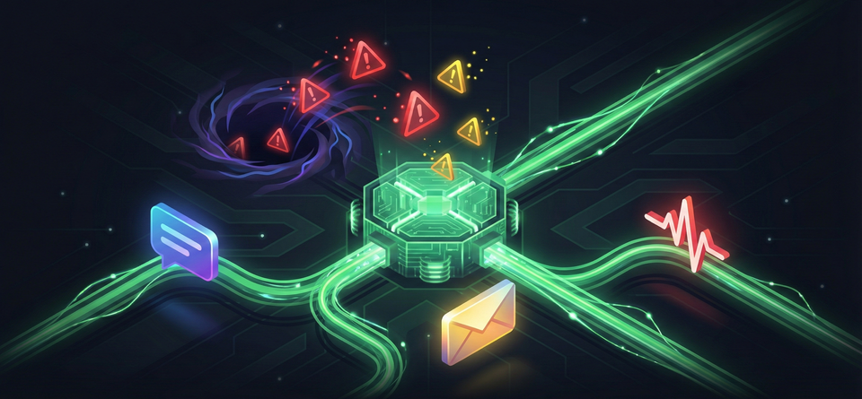 Isometric diagram of alert routing from Prometheus through Alertmanager to Discord, email, and healthchecks.io notification channels