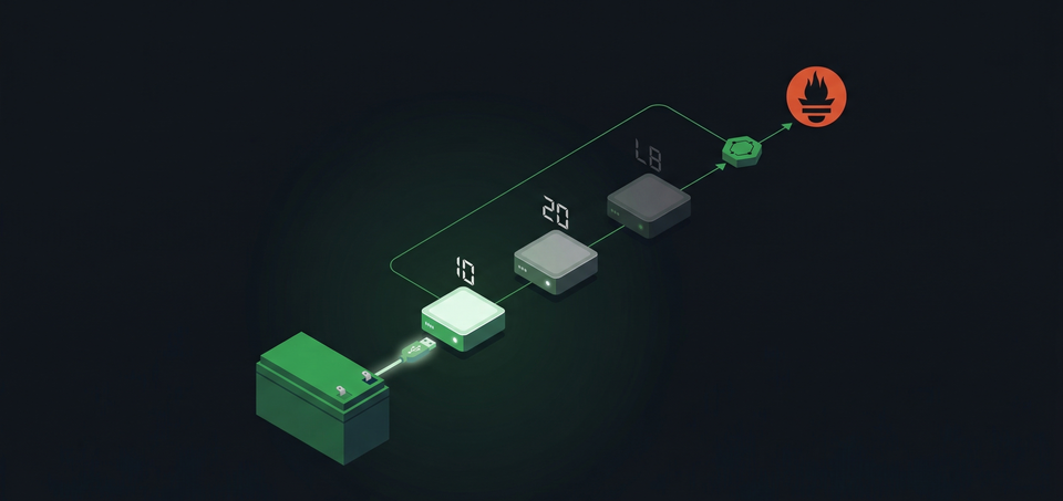Isometric diagram of a UPS connected via USB to a server node, with green monitoring lines flowing through NUT to Prometheus and three nodes shutting down in sequence