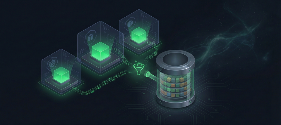 Isometric diagram of a logging pipeline with three Alloy collector pods feeding into a single Loki storage node